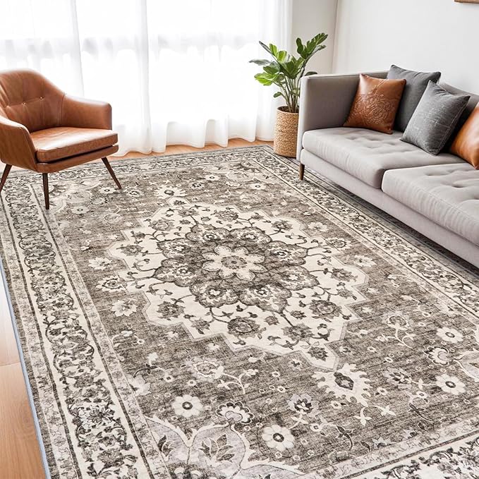 TOPRUUG Washable Oriental Area Rug - 7x9 Rugs for Living Room Soft Carpet for Bedroom Waterproof Floral Distressed Indoor Stain Resistant Non-Shedding Floor Carpets (Beige, 7x9)