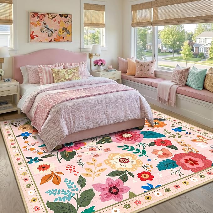 RELEANY Floral Nursery Square 8ft Area Rugs Washable Print Boho Cute Carpet Non Slip Flower Low Pile for Living Room Kids Girls Playroom Bedroom Kitchen Office Farmhouse-Pink