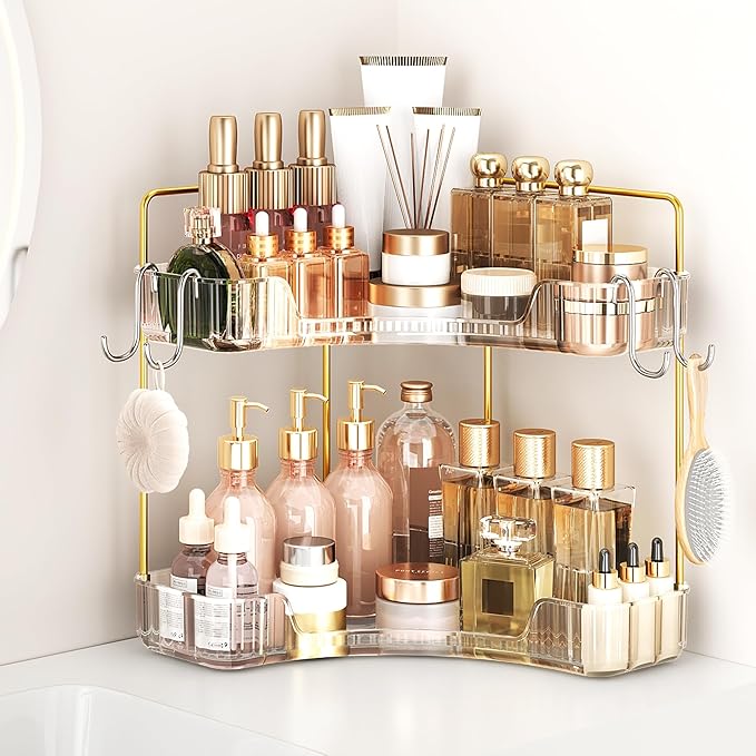 Corner Bathroom Counter Organizer 2 Tier Bathroom Organizers and Storage Countertop with Hooks Skin Care Exquisite Vanity Organizer Countertop Bathroom Storage Dresser, Kitchen-Clear