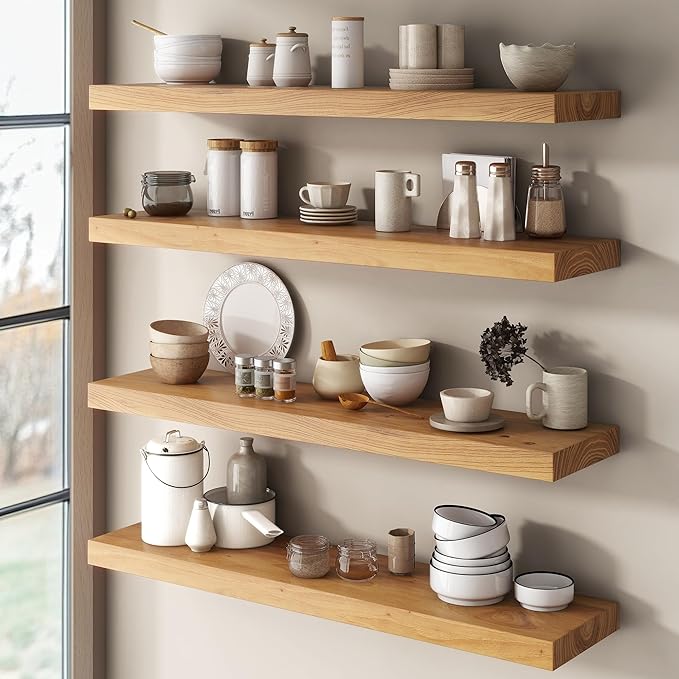 Venusmiles Elm Floating Shelves for Wall Decor, Rustic Solid Wood Shevles Wall Mounted with Invisible Bracket for Living Room Bathroom Bedroom Kitchen, 36 Inch Set of 2, Natural