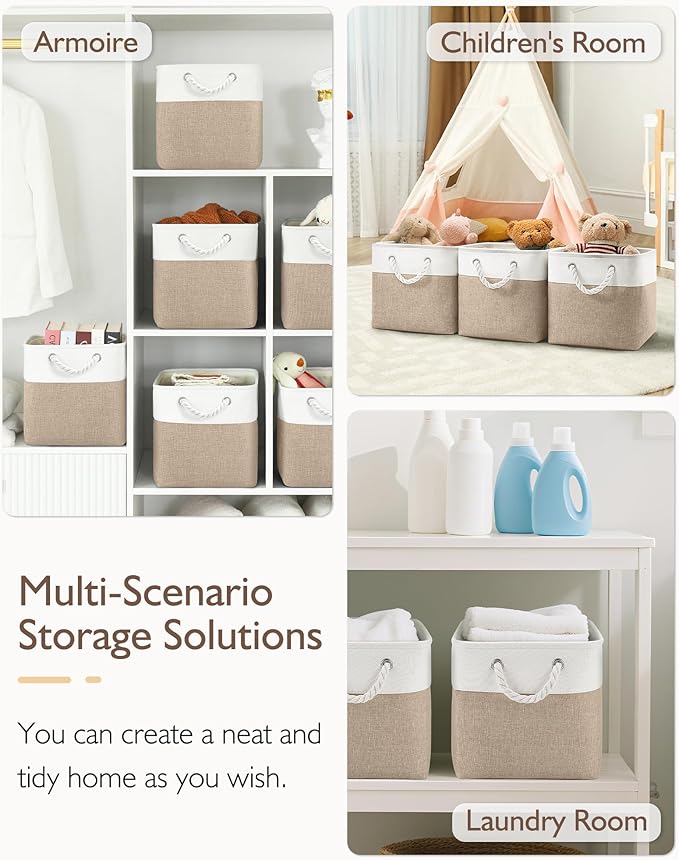 Patvingot 11 Inch Cube Storage Bins, 4 Pack Fabric Storage Cubes with Rope Handles, Organizer Baskets for Closet Shelves, Clothes and Home Organization(White/Khaki)