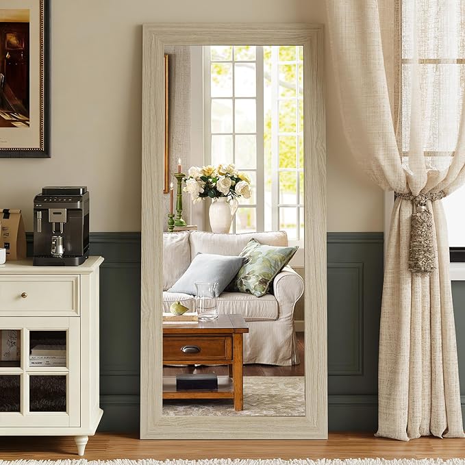 Syndra Modern Full Length Mirror Wood Frame, 65x24'' Large Floor Mirror with HD Tempered Glass & Wall Mount Option, Rectangular Standing Mirror for Bedroom, Living Room, Entryway, Farmhouse(White Oak)