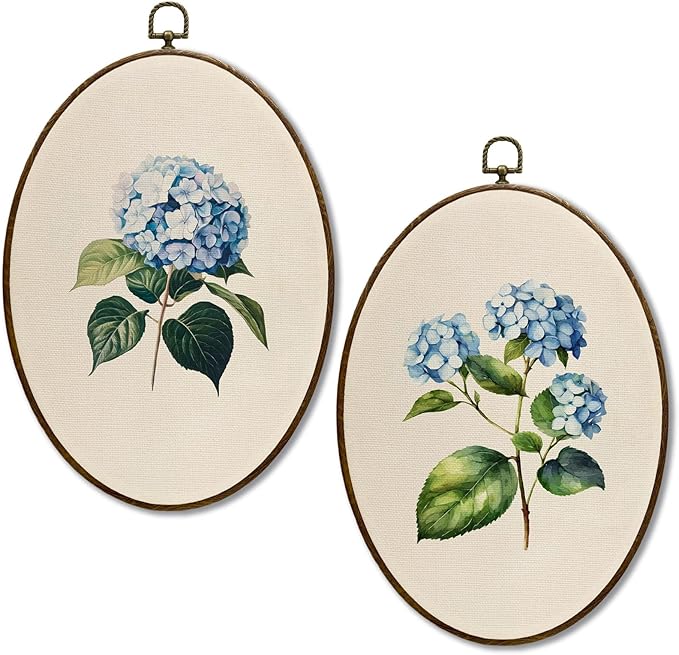 JQF Blue Hydrangea Floral Oval Wall Decor, Cottagecore Floral Botanical Oval Canvas Wall Art, Neutral Antique Flower Framed Prints Hanging Decor for Home Bedroom Living Room, 8.5x11.5 Inch Set of 2