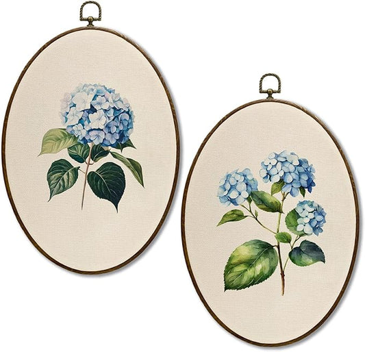 JQF Blue Hydrangea Floral Oval Wall Decor, Cottagecore Floral Botanical Oval Canvas Wall Art, Neutral Antique Flower Framed Prints Hanging Decor for Home Bedroom Living Room, 8.5x11.5 Inch Set of 2