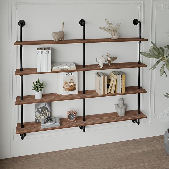 HDDFER Floating Shelves for Wall Bookshelf Industrial Pipe Shelving Shelves 60 Inch Natural Wood Planks Rustic Wall Shelves Hanging Bookshelves Farmhouse Kitchen Shelving