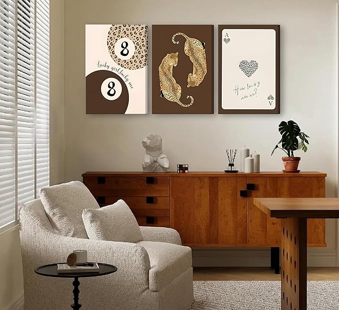 3pcs Framed Trendy Leopard Canvas Wall Art Funky Lucky 8 Ball Posters Prints Preppy Room Aesthetic brown Cheetah Prints Wall Decor Pictures for living room Bedroom Dorm Apartment