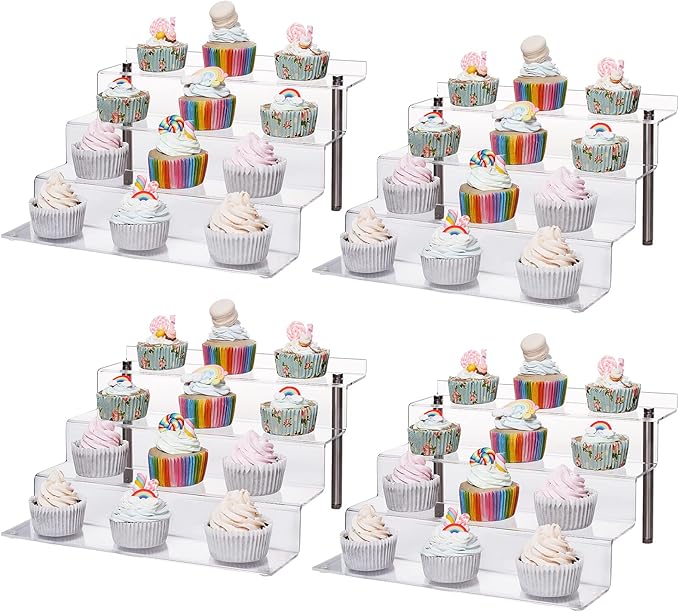 CECOLIC Acrylic Riser Shelf 4 Tier Clear Display Stand for Collectibles Pop Figures, Cupcakes, Perfumes, Display Risers for Decorating & Organizing - 11.8 x 10.8 x 6.5 in (Large, 4 Pack)