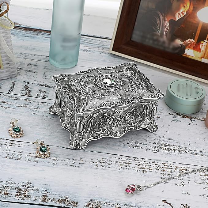 Hipiw Vintage Jewelry Organizer Box - Metal Trinket Storage Box Ornate Treasure Chest Box Jewelry Decorative box Keepsake Gift Box Case for Women,4.9"x3.4"x2.7"