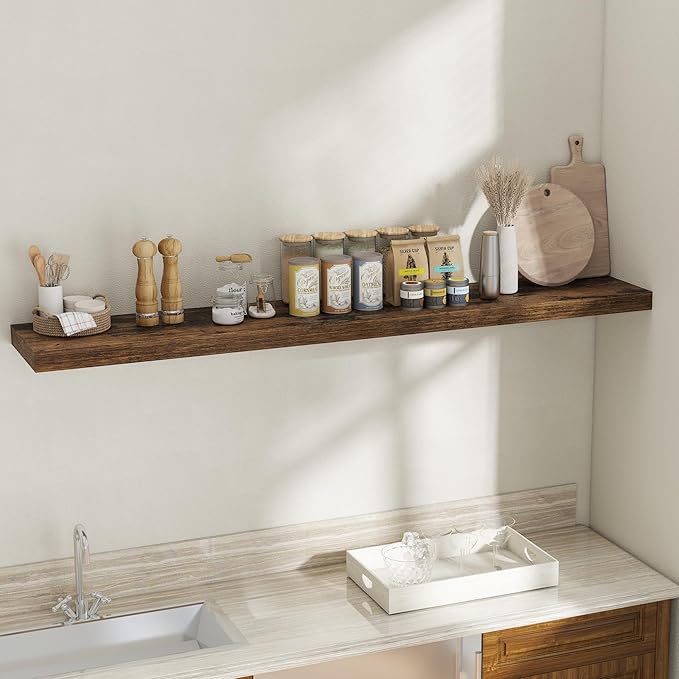 Fun Memories 72 Inch Floating Shelves, 12 Inch Deep Wall Shelf for Fireplace Mantel, Large Display Shelf & Storage Shelf, Wood Floating Wall Shelves for Home & Office, Rustic Brown, Set of 1