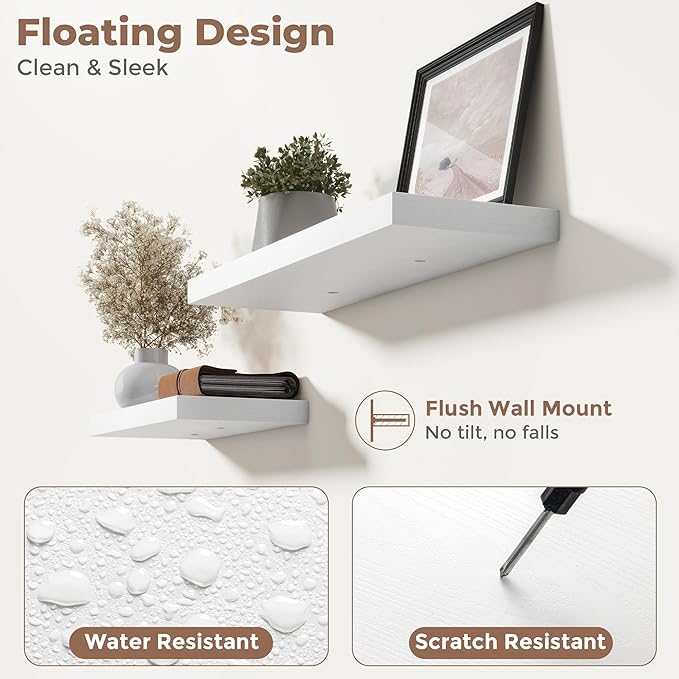 8 Inch Floating Shelves for Wall with Invisible Brackets Set of 3, 8"D Engineered Wood Wall Shelves with Wood Grain for Living Room, Bedroom, Bathroom, Kitchen Decor and Storage, White Finish