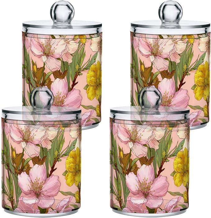 2 Pack Apothecary Jars Elegant Pink Yellow Floral Bathroom Vanity Storage Organizer Set,Small Clear Plastic Storage Jars Bathroom Canister for Cotton Swabs, Rounds, Balls, Qtips,Makeup Sponges,