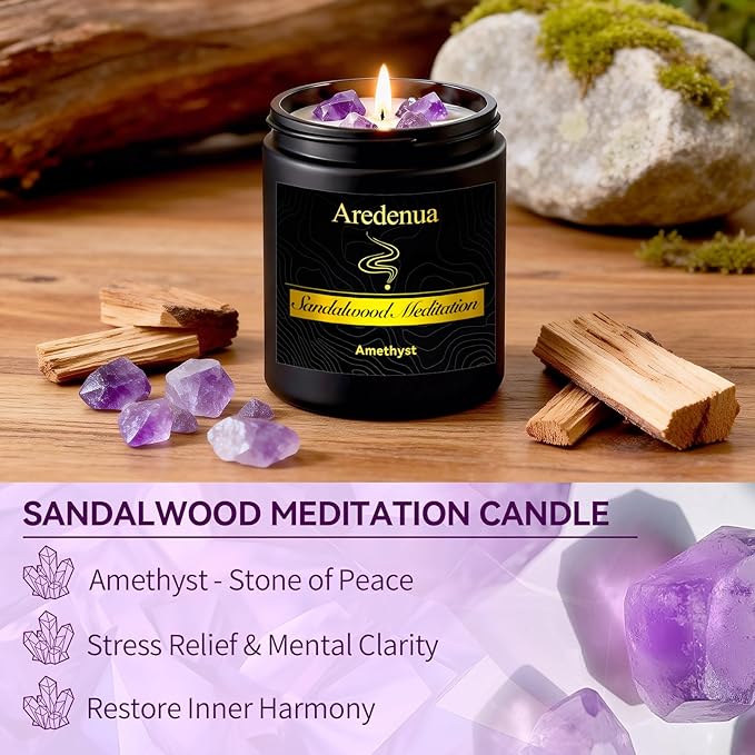 Candle for Meditation and Spiritual Practice - Sandalwood Aromatherapy Candle with Amethyst Healing Crystal, Natural Soy Wax Scented Candle for Yoga Mindfulness, 7oz Long Lasting, Zen Gift