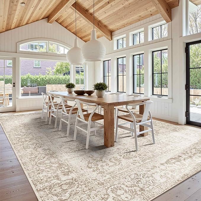 Rugxara 10x14 Washable Area Rug for Living Room, Extra Large,Green Vintage Floral Boho Rugs for Dining Room, Farmhouse, Durable Low Pile Non Slip Carpet for High Traffic Areas, Light Brown