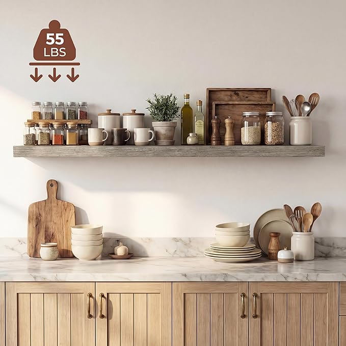Dreamland 48 Inches Floating Shelves for Wall, 9.3" Deep Long Floating Shelves Set of 1, Large Display & Storage Shelf, Wall Shelf for Bathroom Bedroom Living Room Kitchen Office, Grey