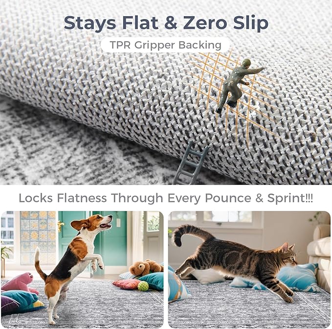 OPPODREAM Vintage Grey Area Rugs 4x6, 4 x 6 Retro Washable Rug Non Slip, Low-Pile Faux Wool Carpet, Distressed Gray Floor Mat for Living Room, Bedroom, Kitchen, Office, Dorm, Dinning Room