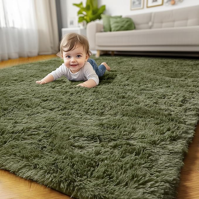 Amdrebio Olive Green Area Rugs for Bedroom Living Room, 6x9 Large Fluffy Plush Shaggy Rugs for Girls Boys Kids Room Decor, Soft Fuzzy Furry Modern Cool Carpet for Classroom Nursery Playroom Apartment