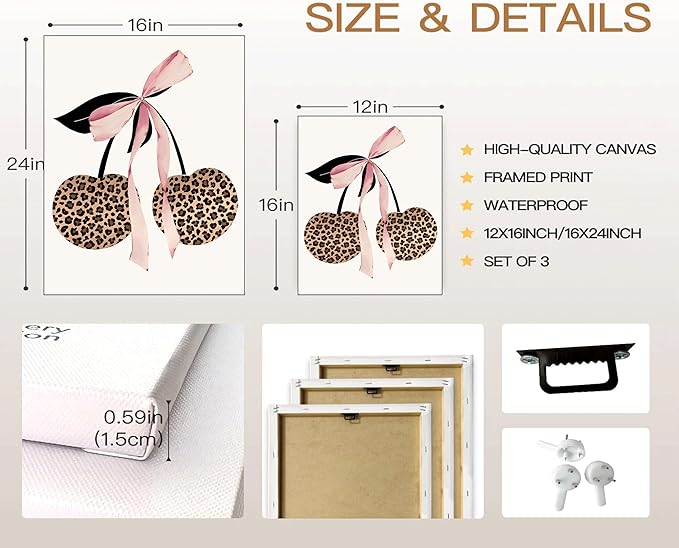 3Pcs Trendy Leopard Print Canvas Wall Art,Fashion Bow Cherry Lips Y2k Poster Pictures,Stylish Preppy Aesthetics Girls' Rooms Wall Decor for Bedroom Dorm Apartment.24x16in Framed