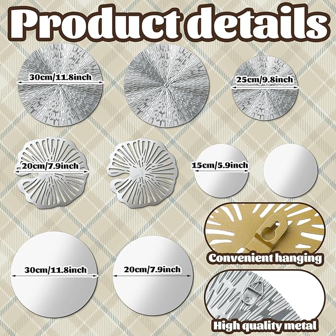 Hicarer 9 Pcs Circle Mirrors Metal Home Decor Wall Decorative Modern Round Accent Wall Art Sculpture Hanging Decorations for Living Room Office Bedroom Kitchen(Silver)