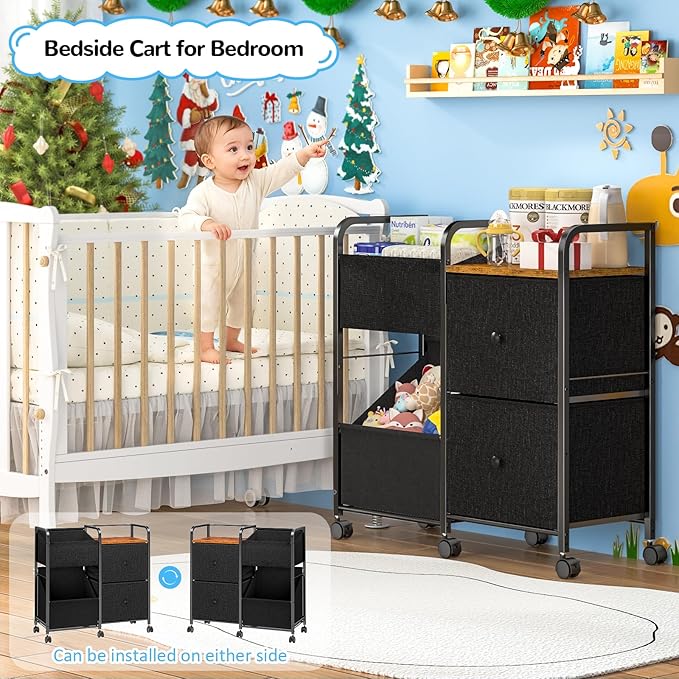 Baby Diaper Caddy Organizer Cart with Wheels, Rolling Cart with Dividers and Drawers, Mobile Utility Cart Bedside for Nursery, Bedroom, Baby Newborn Essentials Storage Cart, Black