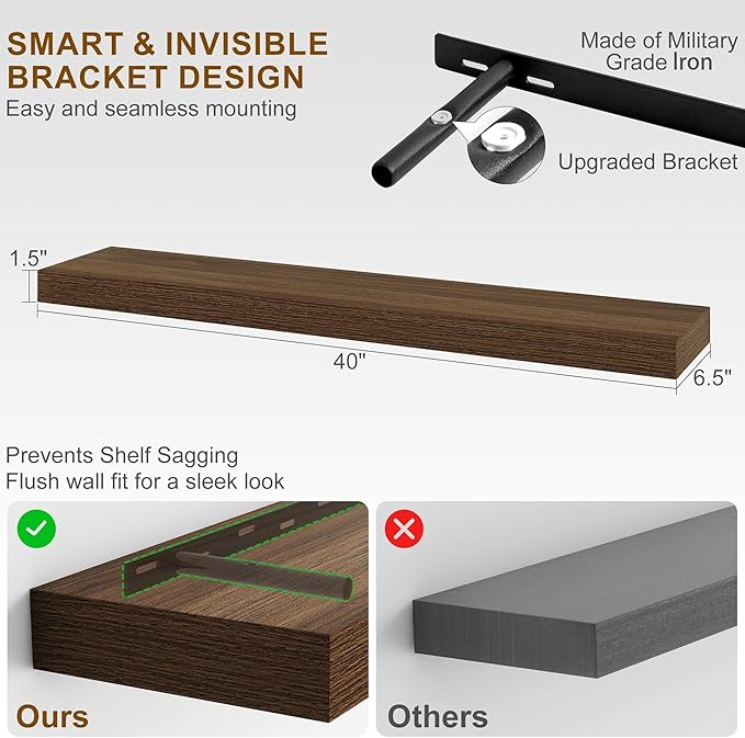 Fun Memories Floating Shelves for Wall, 40Inch Floating Shelves Set of 2, Hanging Shelf with Invisible Brackets, Wood Shelves for Living Room, Bedroom, Kitchen, Walnut