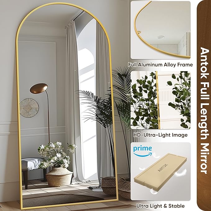 Antok Arched Full Length Mirror, 76"x34" Gold Metal Frame Floor Mirror for Bedroom Living Room, Freestanding/Wall Mount/Leaning