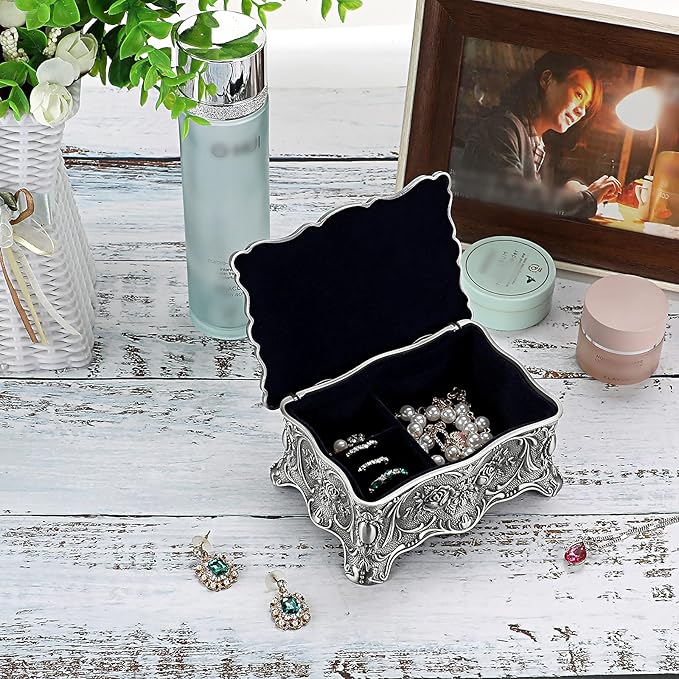 Hipiw Vintage Jewelry Organizer Box - Metal Trinket Storage Box Ornate Treasure Chest Box Jewelry Decorative box Keepsake Gift Box Case for Women,4.9"x3.4"x2.7"