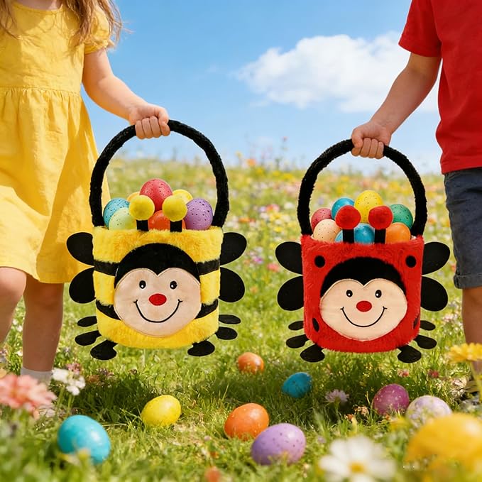 DearSun 2 Pcs Easter Basket Bee & Ladybird Plush Baskets, Easter Egg Hunting Basket for Kids Gifts Party Decoration Supplies, Dia 8" * H 15.7"(Ladybird & Bee)