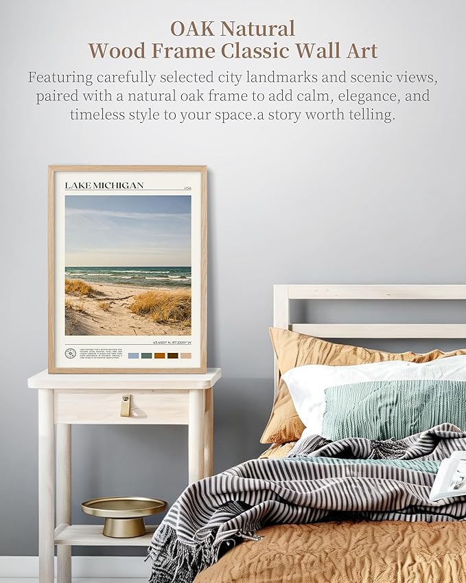 HesenDot Natural OAK Wood Lake Michigan Framed Wall Art,12x16in Natural Scenery Canvas Wall Print,Classic Urban City Landmark Wall Decor for Living Room,Bedroom,Office Gallery Gifts Set of 1