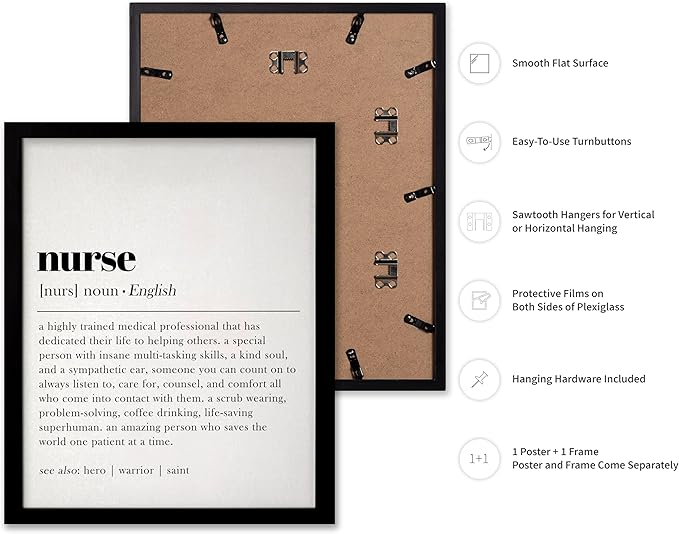 Poster Master Typography Poster - Dictionary Print - Nurse Definition, Amazing Person Who Saves the World, Hero, Saint - Gift for Friend - Wall Decor for Home, Hospital, 11x14 Black Framed
