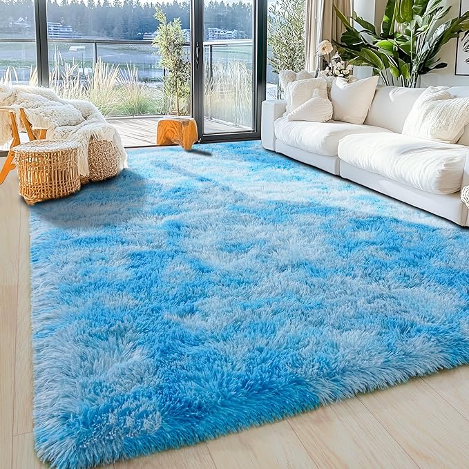 Area Rugs for Living Room 6x9, Ultra Soft Fluffy Rug for Bedroom, Modern Shaggy Carpets Fuzzy Rug for Girls Boys Room Home Indoor Nursery Teens Dorm Decor, Upgrade Non-Slip Durable, Tie-Dye Blue