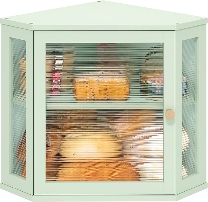 Corner Bread Box for Kitchen Countertop, Bamboo Wood Green Bread Box, Large Capacity Bread Storage Bin with Acrylic Wavy Door Panel