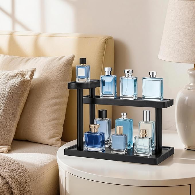 HBlife Cologne Organizer for Men, 12.5 Inch Cologne Stand for Men, Wooden Perfume Rack Display Shelf, 3-Tier Perfume Stand Organizer for Bedroom, Bathroom and Vanity, Ideal for Makeup Storage, Black