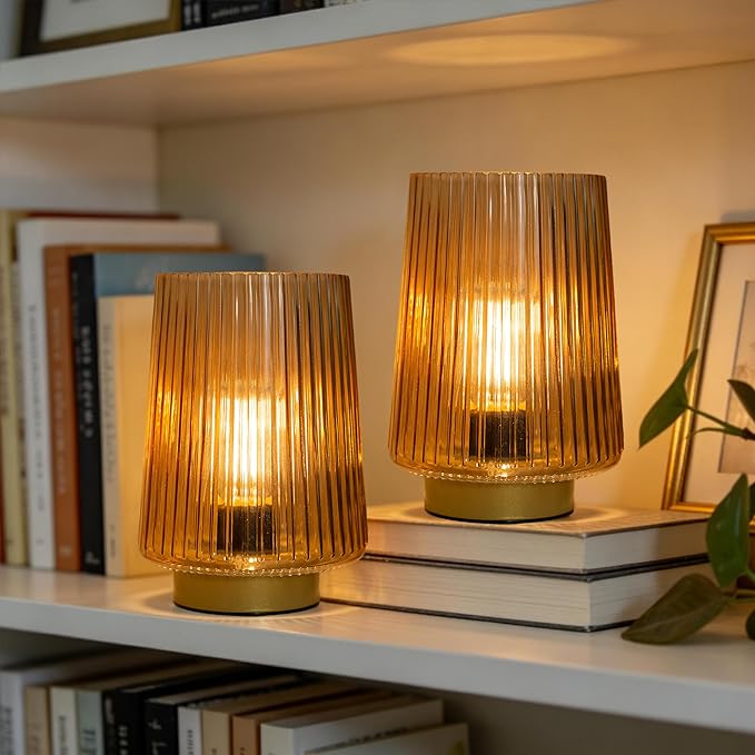 Battery Operated Lamp with Timer, Set of 2 Small Cozy Table Lamp Decorative Ambient Glass Lamp for Bedside & Home Decor, Aesthetic Cordless Battery Powered Accent Lamp for Living Room Shelf, Amber