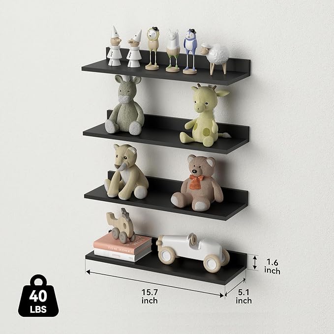 WOPITUES Floating Shelves, Wall Mounted Shelves for Room Decor, Modern Display Shelf for Bedroom, Sturdy Bathroom Storage Shelves, Book Shelves for Living Room, Black Small Corner Shelves, Set of 4