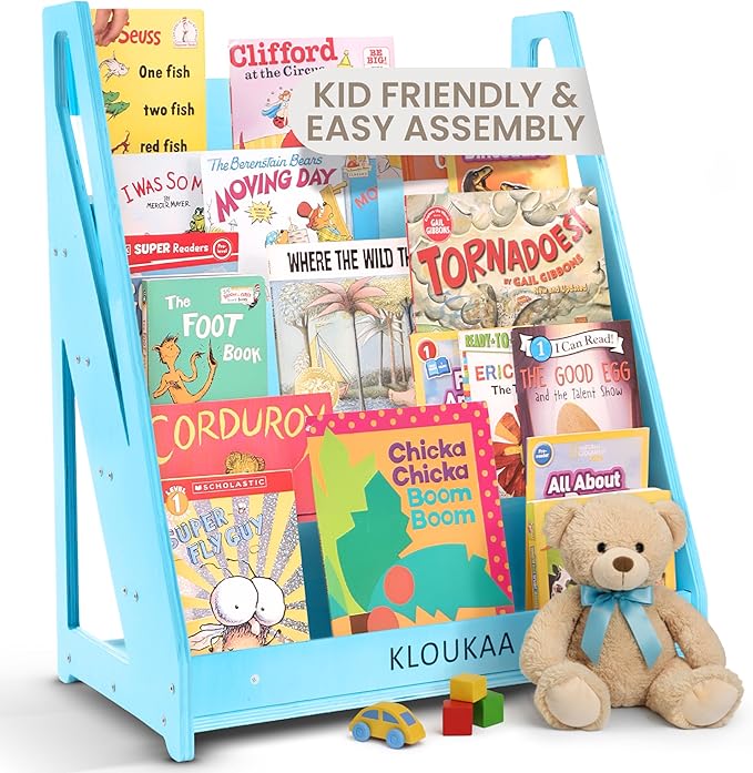 Kids Book Shelf Organizer, Wooden Children’s Bookcase with Front-Facing Storage for Toddlers & Kids (Blue)