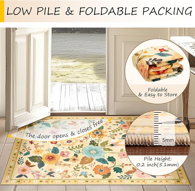 RELEANY Floral Nursery 8x10 Area Rugs Washable Print Boho Cute Carpet Non Slip Flower Low Pile for Living Room Kids Girls Playroom Bedroom Kitchen Office Farmhouse-Ivory/Yellow