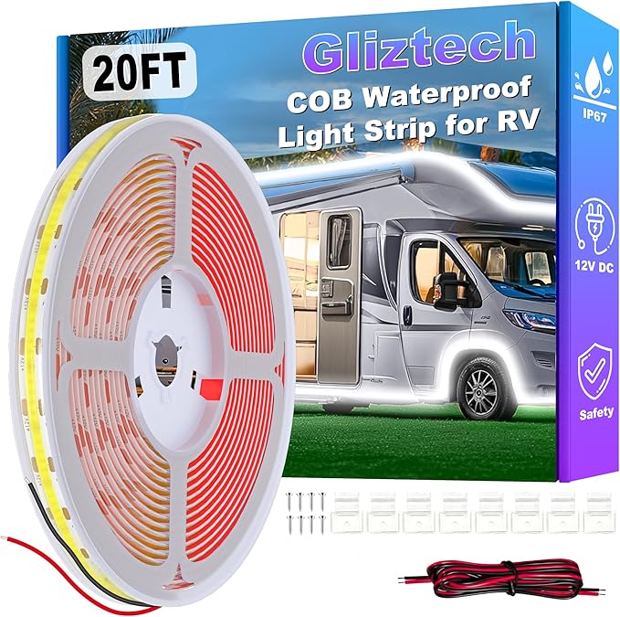 Gliztech RV Awning Lights 20FT, Camper Awning Lights for RV Canopy Exterior, IP67 12V White COB Waterproof Underglow Led Light kit for Motorhome, Travel Party, Trailers, Food Trucks