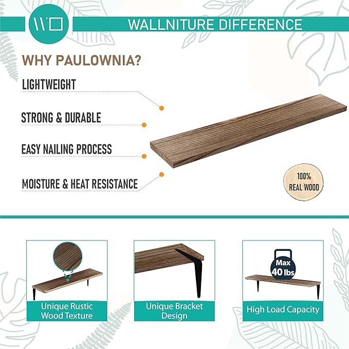 Wallniture Arras 24'' Floating Shelves, Floating Book Shelves, Wall Mounted Rustic Wood Shelf for Living Room, Bathroom Decor, Kitchen, Bedroom, Set of 4 Burnt