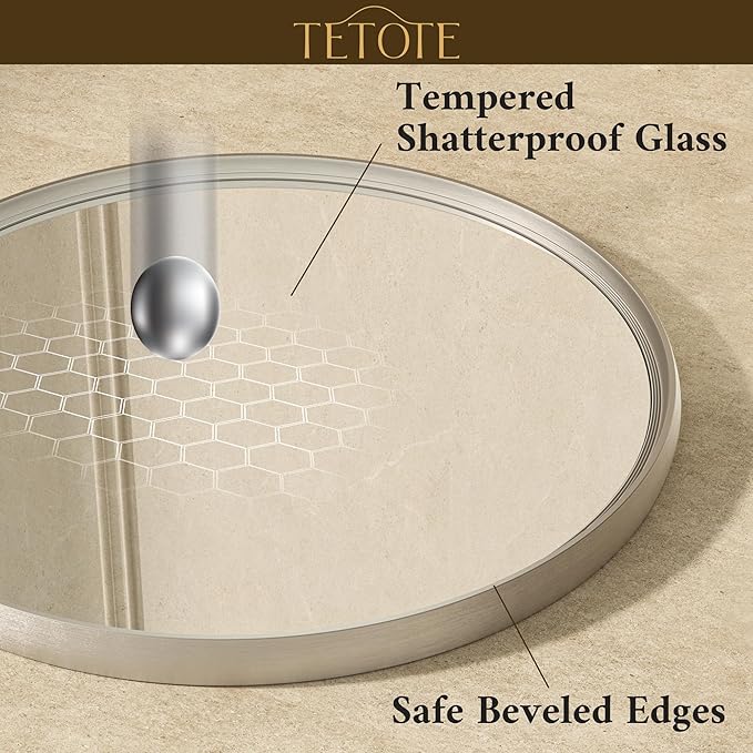 TETOTE Round Mirror 24 inch Brushed Nickel Mirror for Bathroom