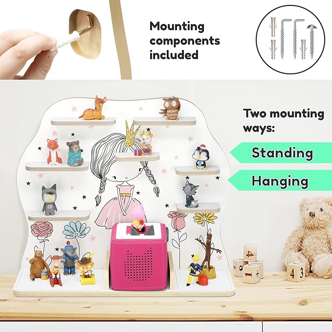 stadtecken Wooden Shelf for Music Box I Suitable for The Toniebox and ca. 50 Tonies I Perfect Storage in The Children's Room I for Setting up or Hanging (Large, Flower Princess)