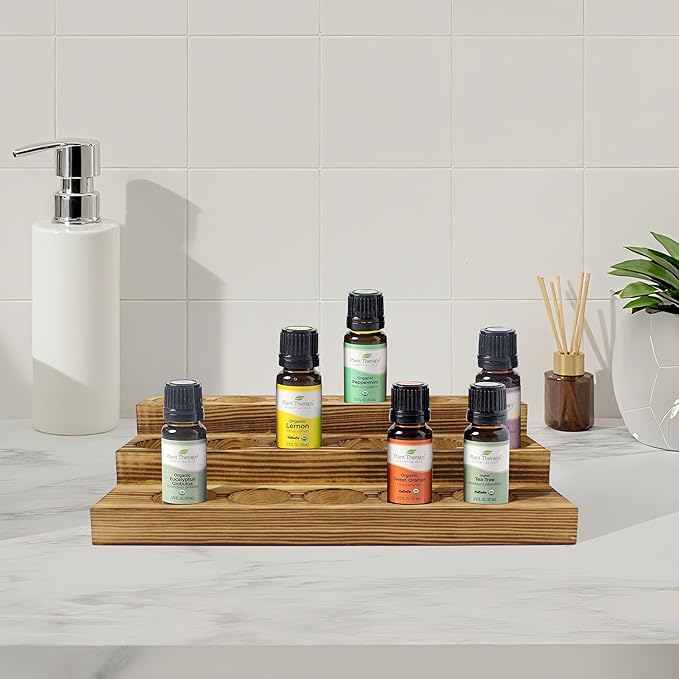 Wooden Essential Oil Storage Organizer, 3-Tier Display Stand, Firewood Color, 17 Bottle Holder for 5-20ml Oils, Set of 2