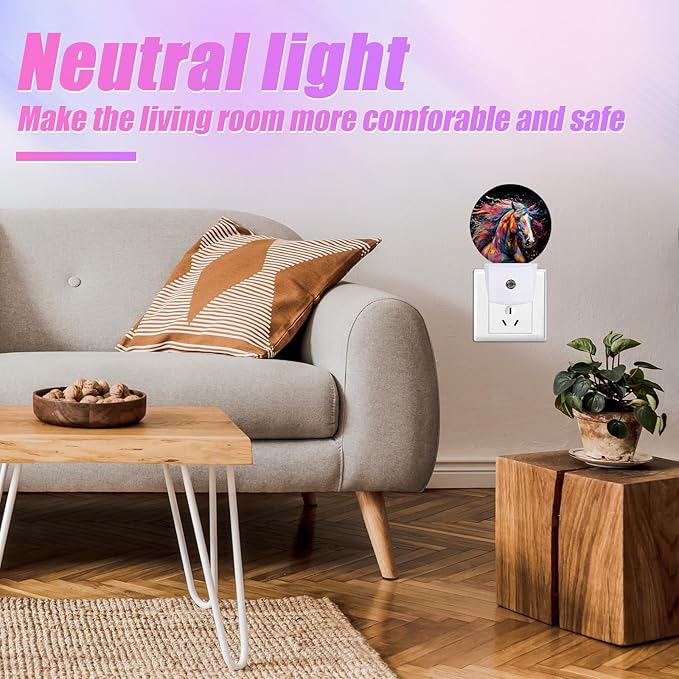 Colorful Horse Night Light Night Lights LED Lamp Round Plug into Wall Nightlight with Dusk to Dawn Sensor Home Hallway Stairway Kitchen Decor
