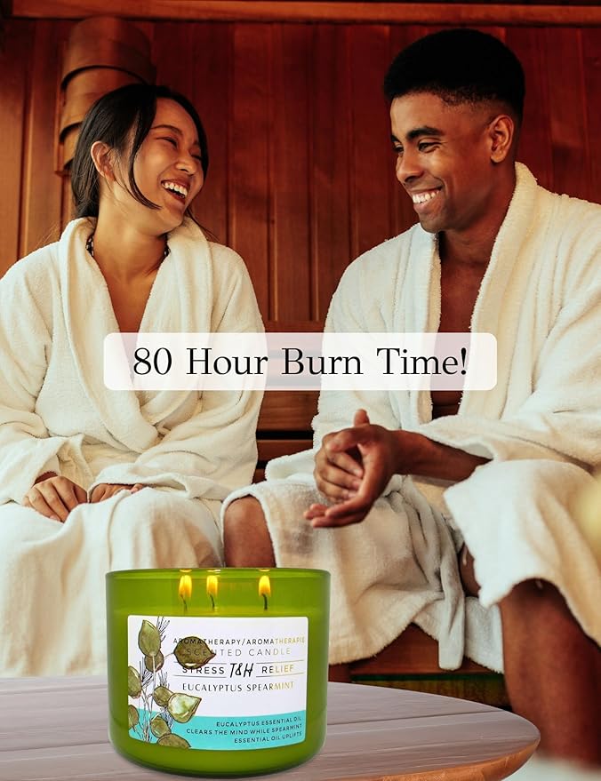 Eucalyptus Spearmint Scented Candle | 15.8 oz Large 3 Wick Soy Candle | Soothing Aromatherapy Candle for Home | Fresh Spa Scent | Long Lasting Clean Burn | Relaxation & Yoga Gift for Women & Men