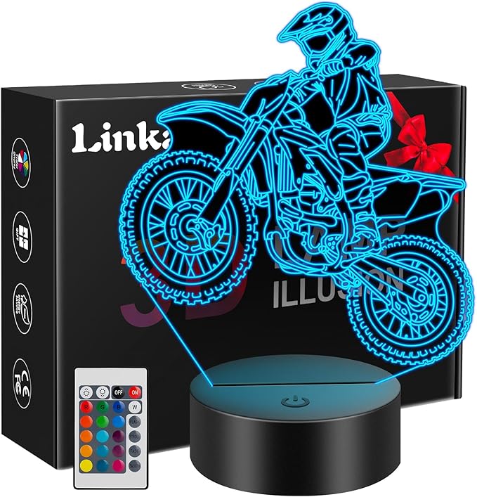 Linkax Bike Gifts Stocking Stuffers for Teens Boys Girls, 3D Illusion Lamp Night Light Room Decor 16 Colors Change, Birthday Gifts for 6 7 8 9 10 11 12 Year Old Boy
