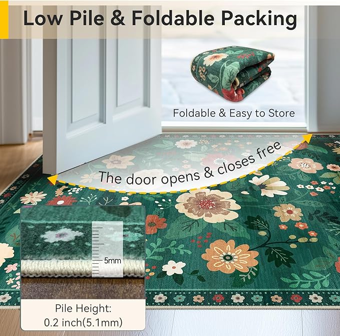 RELEANY Floral Nursery 6x9 Area Rugs Washable Print Boho Cute Carpet Non Slip Flower Low Pile for Living Room Kids Girls Playroom Bedroom Kitchen Office Farmhouse-Dark Green