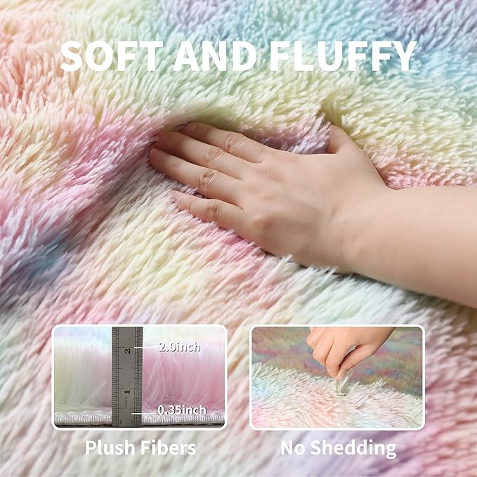 Washable 4x6 Rainbow Fluffy Shaggy Area Rugs, Kawaii Princess Soft Plush Carpet for Girls Bedroom Kids Playroom, Cute Colorful Fuzzy Rug for Nursery Dorm Baby Toddler Teenage