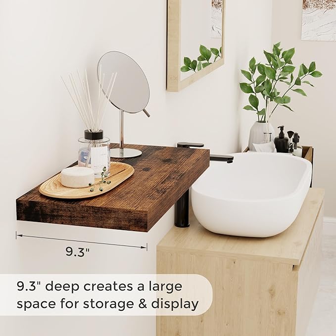 16 Inch Long Floating Shelves, 9.3 Inch Deep Floating Shelf for Wall, Living Room, Kitchen, Rustic Deep Wood Shelves for Bathroom, 2 Pack Storage Display Shelf for Books, Decor, Rustic Brown