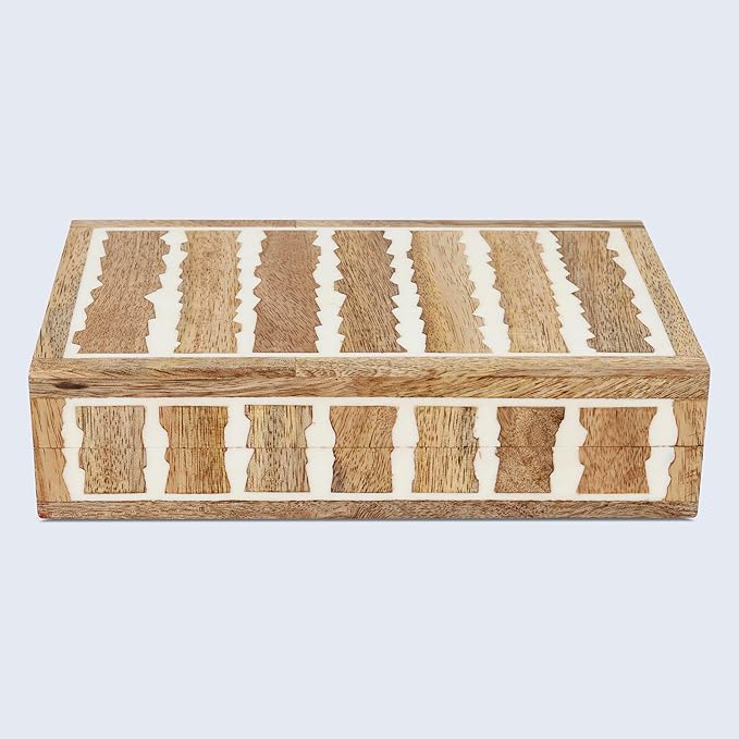 Handicrafts Home White Decorative Storage Box with Lid Wood Remote Control Box Coffee Table Storage Box Remote Holder for Living Room Decor – Resin Inlay Kept Safari Collection - 8x5x2