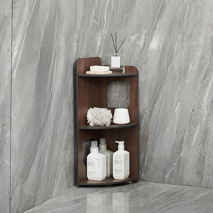 Corner Shelf, 3-Tier Storage Organizer, Bathroom Corner Organizer Perfect for Small Space, Waterproof Toilet Paper Stand (Walnut Wood)