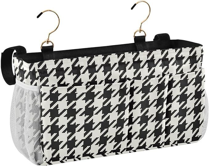 Classic Houndstooth Print Bedside Caddy Storage Bag Bedside Organizer for Bunk Bed Headboards College Organizer Caddy Hanging Shelf 6 Pockets with Hooks for Drinks Magazine Phone Holder